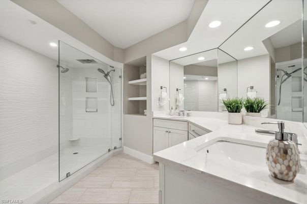 Bathroom, Dual Sink Vanities, Glass Shower, Interior, Recessed Lighting