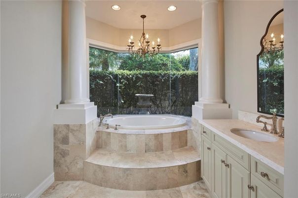 Bathroom, Chandelier, Dual Sink Vanities, Interior, Recessed Lighting