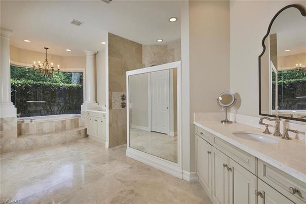 Bathroom, Chandelier, Dual Sink Vanities, Interior, Recessed Lighting
