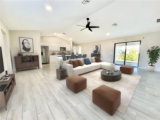 Interior, Kitchen, Living room, Recessed Lighting, Stainless Steel Appliances, Wood Texture Flooring