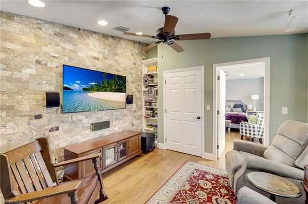 Bedroom, Interior, Recessed Lighting, Stone Walls, Wood Texture Flooring