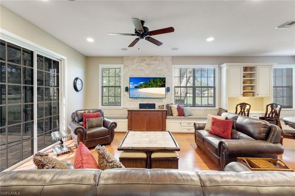Interior, Living room, Recessed Lighting, Stone Walls, Wood Texture Flooring