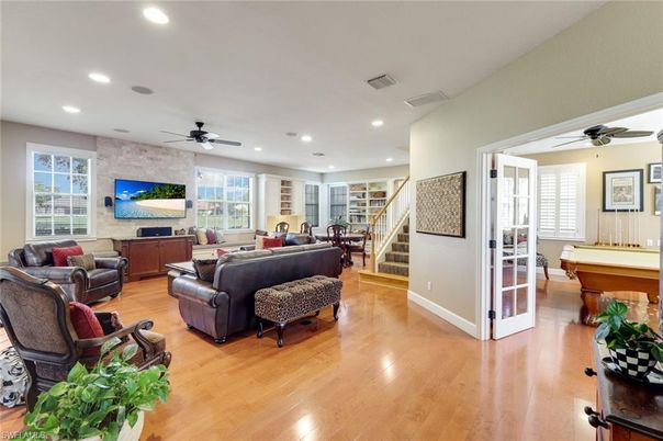 Billiard Table, Game Room, Interior, Living room, Recessed Lighting, Stone Walls, Wood Texture Flooring