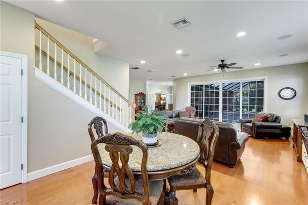 Dining room, Interior, Living room, Recessed Lighting, Wood Texture Flooring