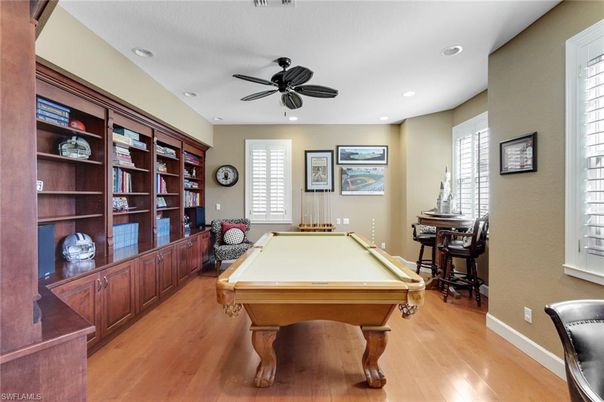 Billiard Table, Game Room, Interior, Recessed Lighting, Wood Texture Flooring