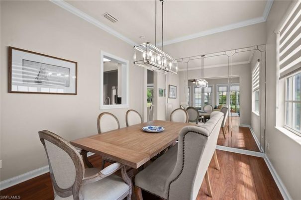 Dining room, Interior, Pendant Lights, Wood Texture Flooring