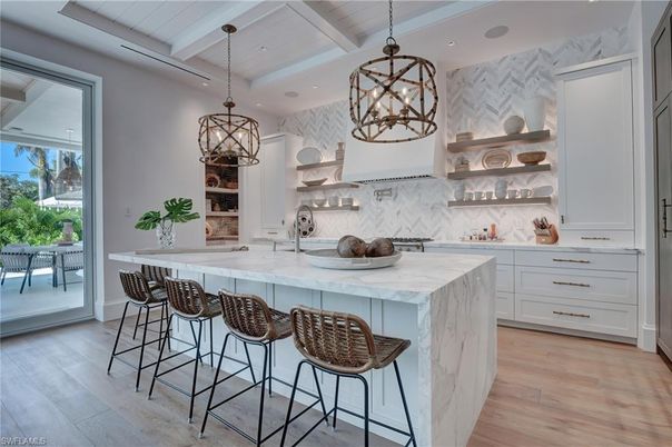 Interior, Kitchen, Marble Walls, Pendant Lights, Recessed Lighting, Stainless Steel Appliances, Wood Texture Flooring