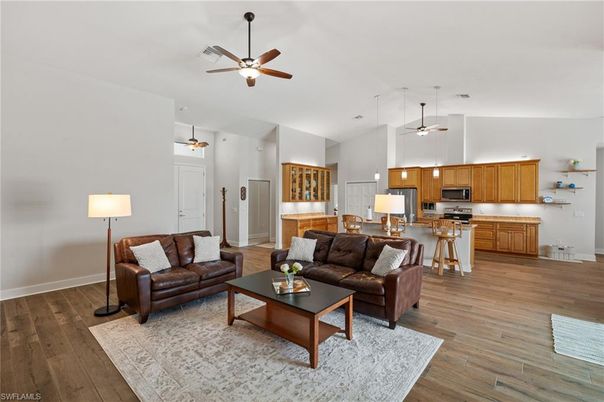 Interior, Kitchen, Living room, Pendant Lights, Stainless Steel Appliances, Wood Texture Flooring
