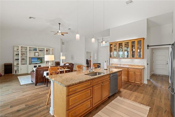 Interior, Kitchen, Pendant Lights, Wood Texture Flooring