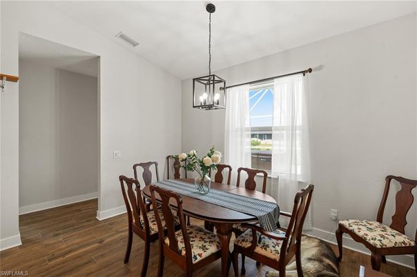 Dining room, Interior, Pendant Lights, Wood Texture Flooring