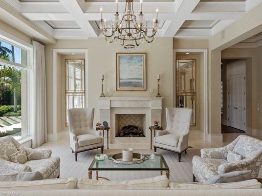 Chandelier, Fireplace, Interior, Living room