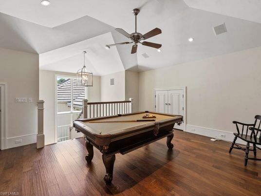 Billiard Table, Game Room, Interior, Pendant Lights, Recessed Lighting, Wood Texture Flooring
