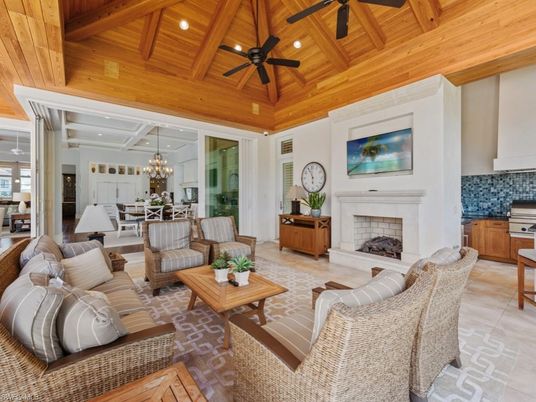 Chandelier, Dining room, Fireplace, Interior, Living room, Recessed Lighting, Wooden Beams, Wooden Ceilings