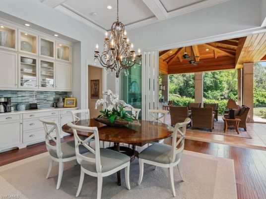Chandelier, Dining room, Interior, Living room, Recessed Lighting, Wooden Ceilings, Wood Texture Flooring