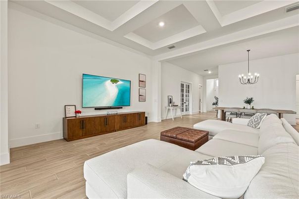Chandelier, Dining room, Interior, Living room, Recessed Lighting, Wood Texture Flooring