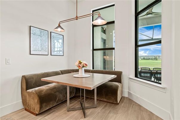 Dining room, Interior, Pendant Lights, Wood Texture Flooring
