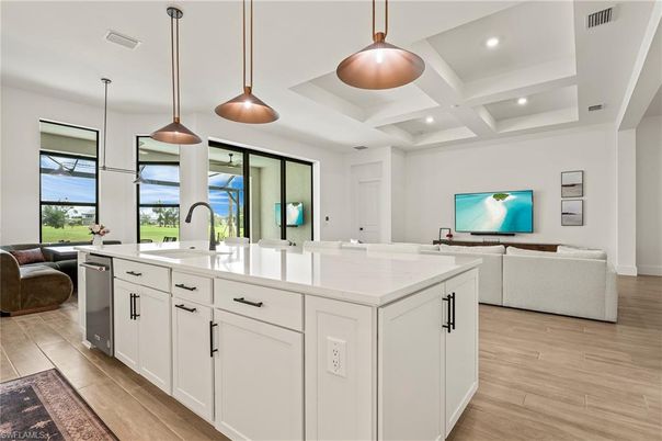 Interior, Kitchen, Living room, Pendant Lights, Recessed Lighting, Wood Texture Flooring
