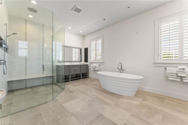 Bathroom, Free Standing Baths, Glass Shower, Interior, Recessed Lighting