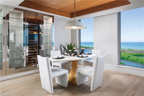 Dining room, Interior, Pendant Lights, Recessed Lighting, Water, Wooden Ceilings, Wood Texture Flooring