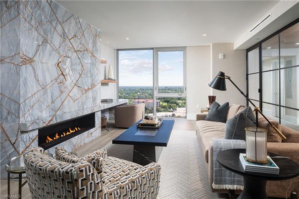 Fireplace, Interior, Living room, Marble Walls, Recessed Lighting, Stone Walls