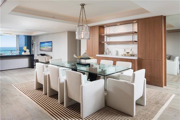 Dining room, Interior, Pendant Lights, Recessed Lighting, Water, Wood Texture Flooring