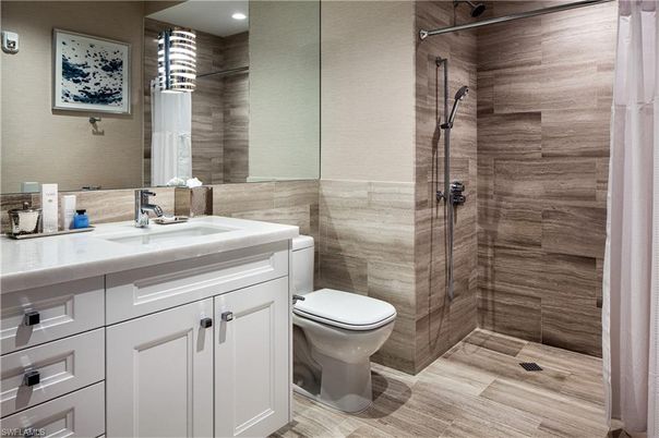 Bathroom, Glass Shower, Interior, Recessed Lighting, Wood Texture Flooring