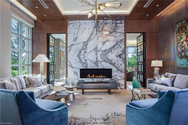 Fireplace, Interior, Living room, Marble Walls, Pendant Lights, Recessed Lighting, Wooden Walls