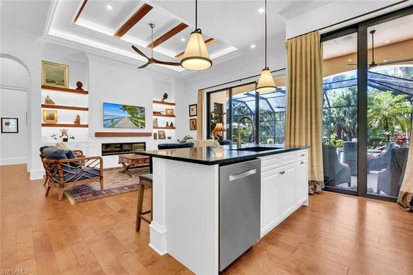 Fireplace, Interior, Kitchen, Living room, Pendant Lights, Recessed Lighting, Wood Texture Flooring