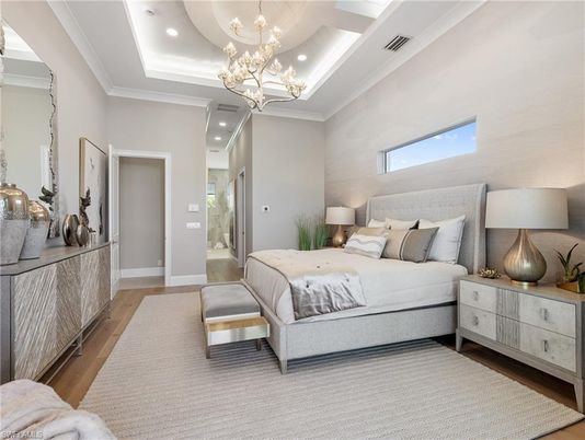 Bedroom, Chandelier, Interior, Recessed Lighting, Wood Texture Flooring