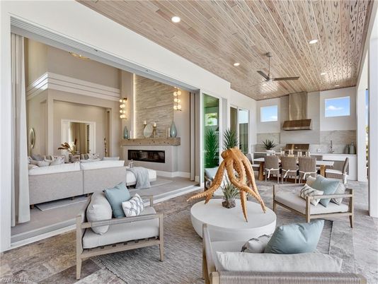 Dining room, Fireplace, Interior, Living room, Pendant Lights, Recessed Lighting, Wooden Ceilings
