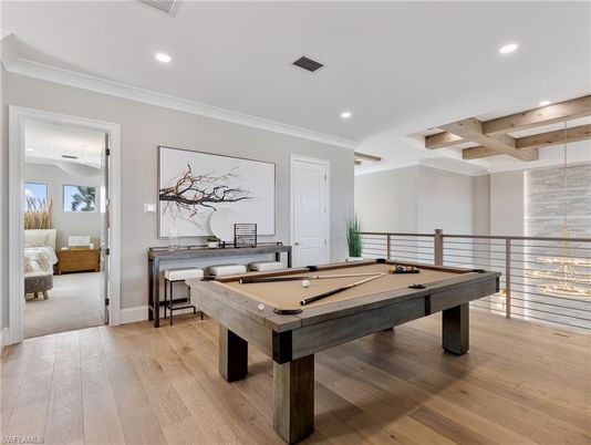 Billiard Table, Game Room, Interior, Pendant Lights, Recessed Lighting, Wood Texture Flooring