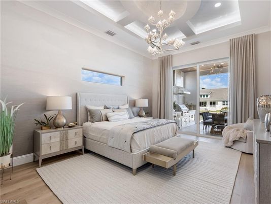 Bedroom, Chandelier, Interior, Pendant Lights, Recessed Lighting, Wood Texture Flooring