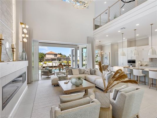 Chandelier, Dining room, Fireplace, Interior, Kitchen, Living room, Pendant Lights, Recessed Lighting