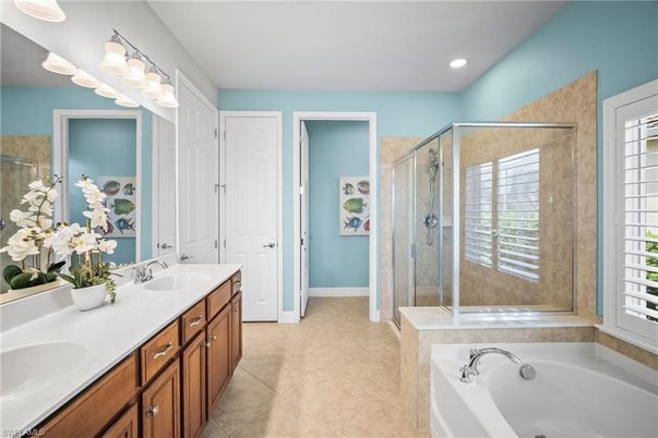 Bathroom, Dual Sink Vanities, Glass Shower, Interior, Recessed Lighting