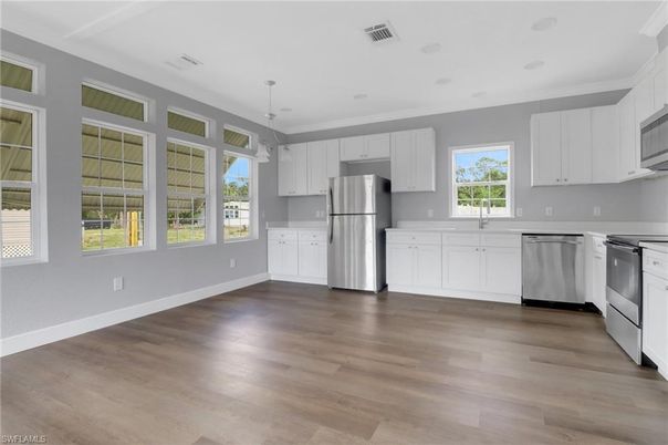 Interior, Kitchen, Pendant Lights, Stainless Steel Appliances, Wood Texture Flooring