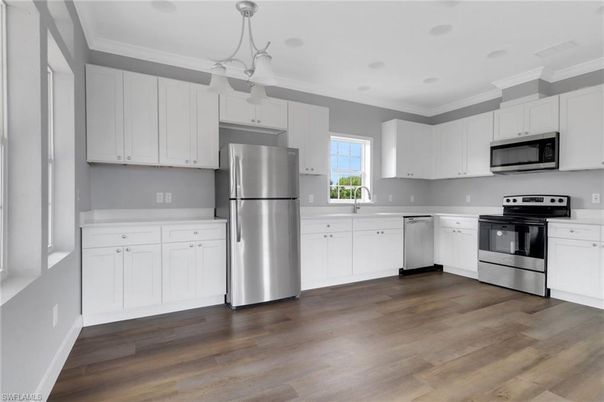 Interior, Kitchen, Pendant Lights, Stainless Steel Appliances, Wood Texture Flooring