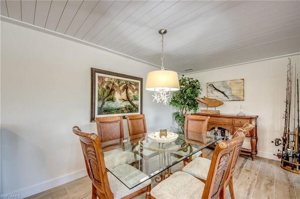 Dining room, Interior, Pendant Lights, Wood Texture Flooring