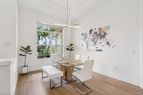 Dining room, Interior, Pendant Lights, Wood Texture Flooring