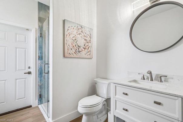 Bathroom, Glass Shower, Interior, Wood Texture Flooring