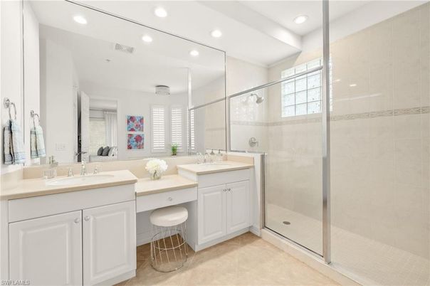 Bathroom, Dual Sink Vanities, Glass Shower, Interior, Recessed Lighting