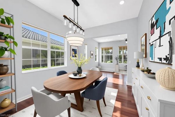 Dining room, Interior, Pendant Lights, Recessed Lighting, Wood Texture Flooring
