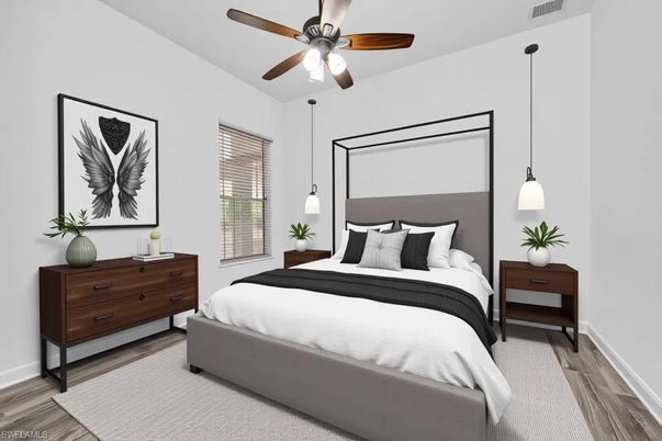 Bedroom, Interior, Pendant Lights, Wood Texture Flooring