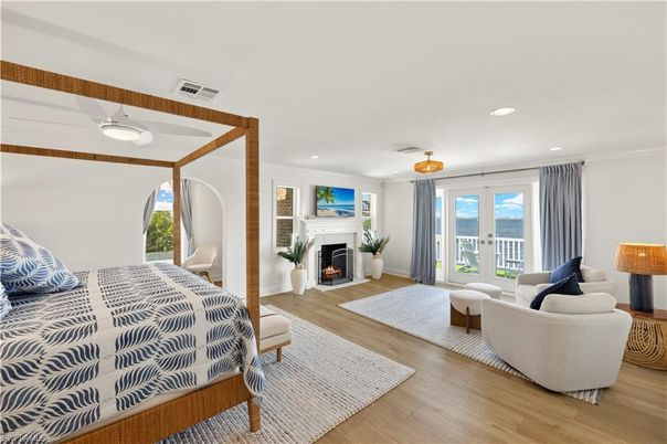 Bedroom, Fireplace, Interior, Recessed Lighting, Wood Texture Flooring