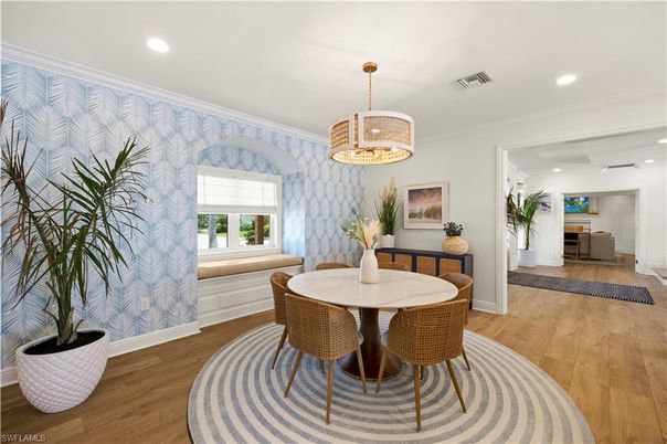 Dining room, Interior, Recessed Lighting, Wood Texture Flooring