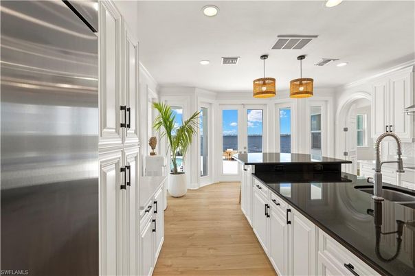 Interior, Kitchen, Pendant Lights, Recessed Lighting, Stainless Steel Appliances, Water, Wood Texture Flooring