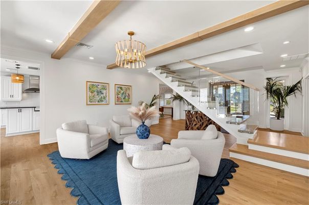 Interior, Living room, Pendant Lights, Recessed Lighting, Wooden Beams, Wood Texture Flooring