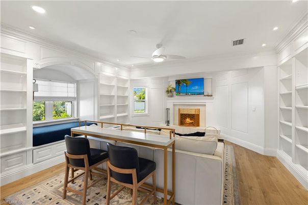 Billiard Table, Fireplace, Game Room, Interior, Recessed Lighting, Wood Texture Flooring