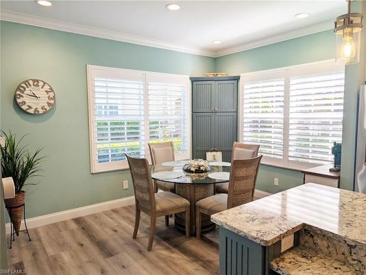Dining room, Interior, Recessed Lighting, Wood Texture Flooring