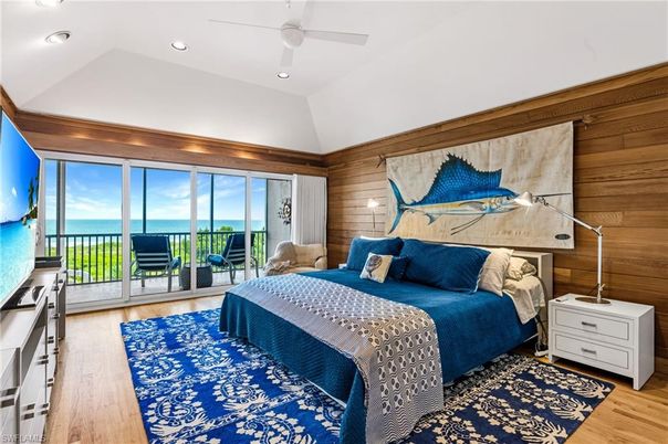 Bedroom, Interior, Recessed Lighting, Water, Wood Texture Flooring, Wooden Walls