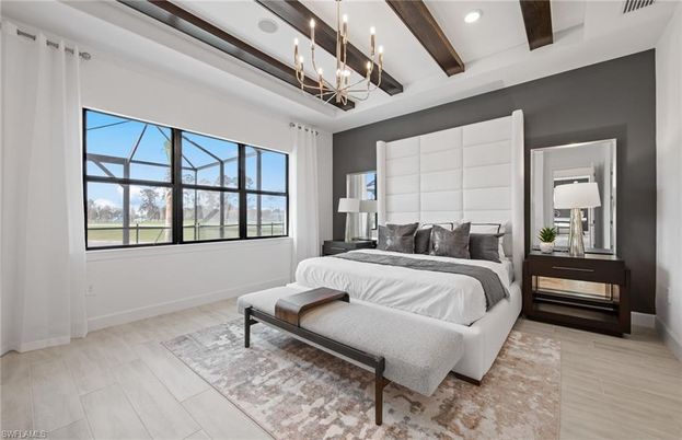 Bedroom, Chandelier, Interior, Recessed Lighting, Wooden Beams, Wood Texture Flooring